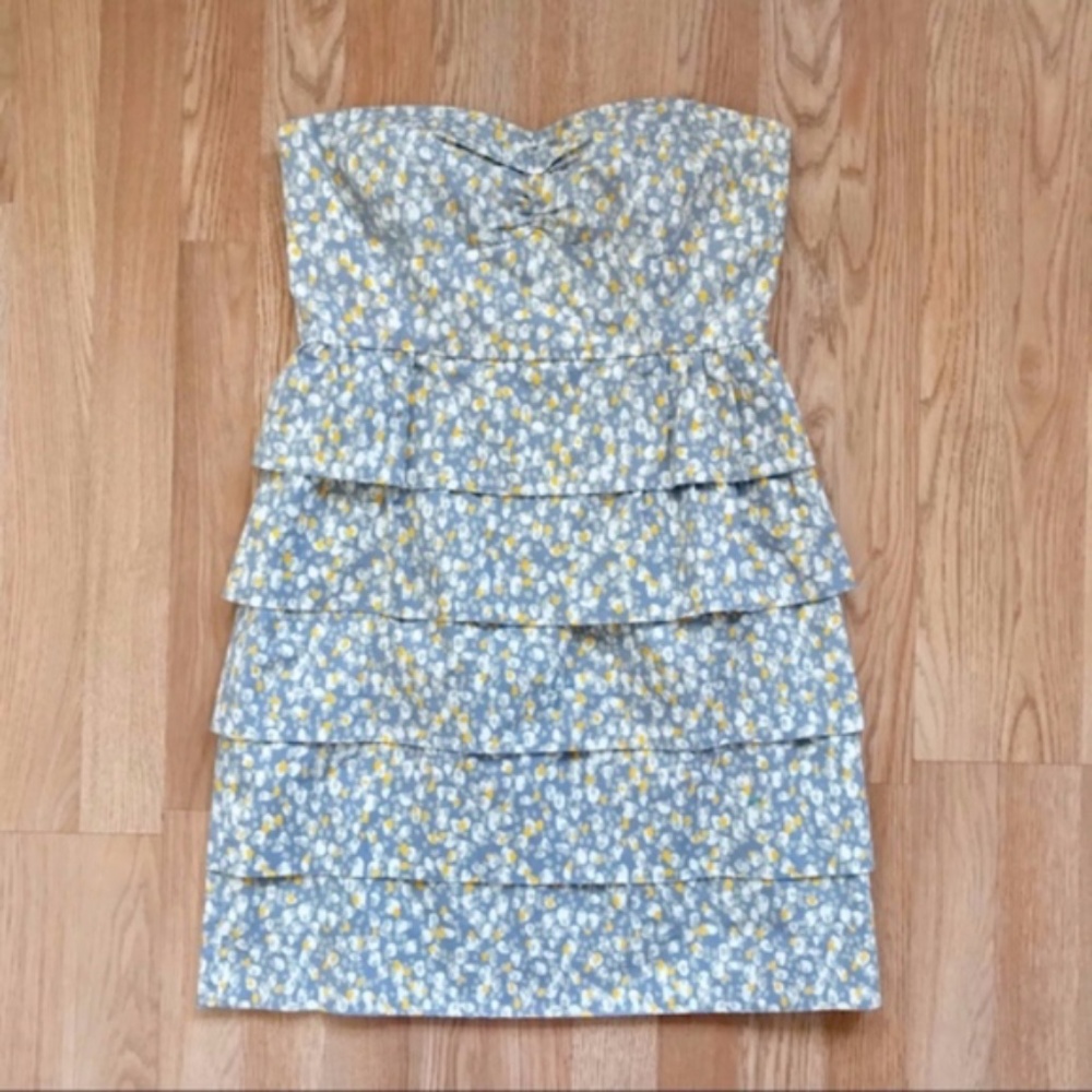J. Crew Factory Gray & Yellow Printed Tiered Strapless Dress 6